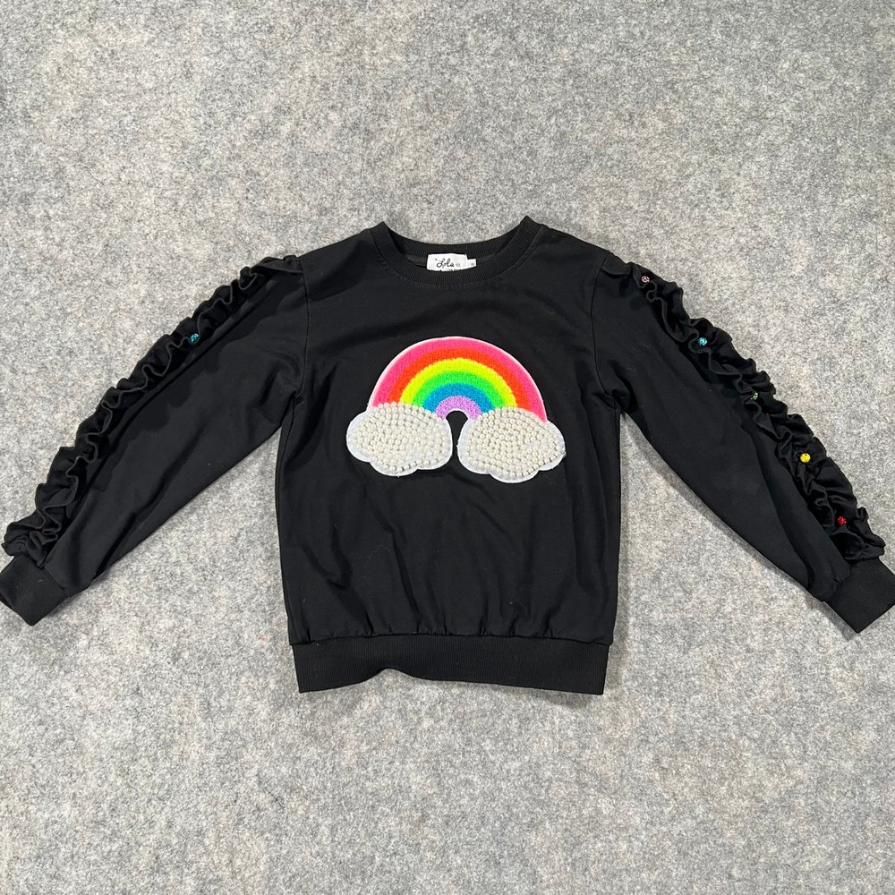 Lola + The Boys Sweatshirt Girls 8 Black Ruffle Sleeve Rainbow Pearl Embellished